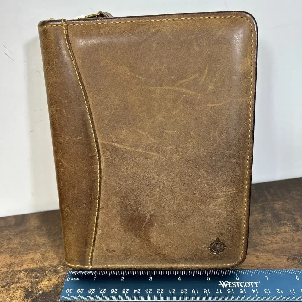 Vintage Franklin Covey 6 Ring Full Grain Leather Classic Brown Zip Planner USA